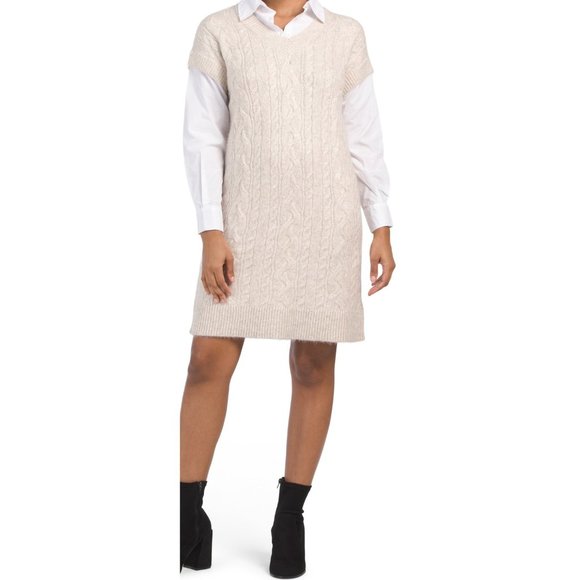CUPCAKES & CASHMERE XL Twofer Cable Knit Dress With Collar Beige - Picture 1 of 10